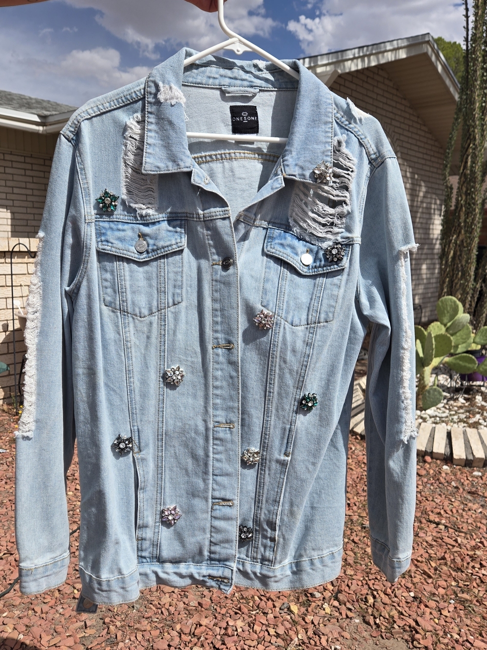 One5One Jeweled Distressed Denim Jacket L